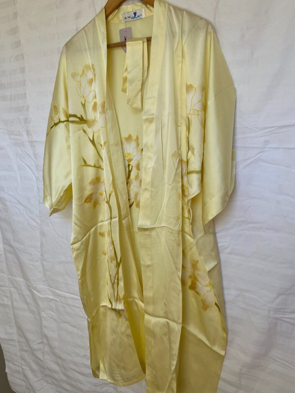 Chinese Silk Robe – Pale Yellow Floral Branch Print – Lightweight Long Robe